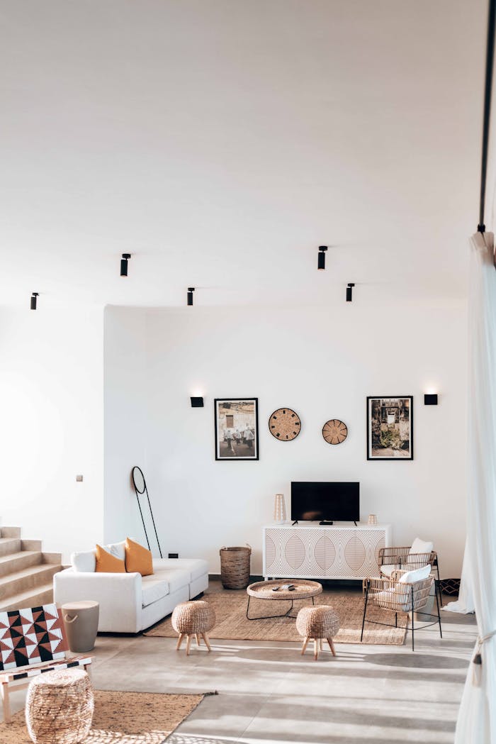 Bright, minimalistic living room interior with modern decor and furniture.