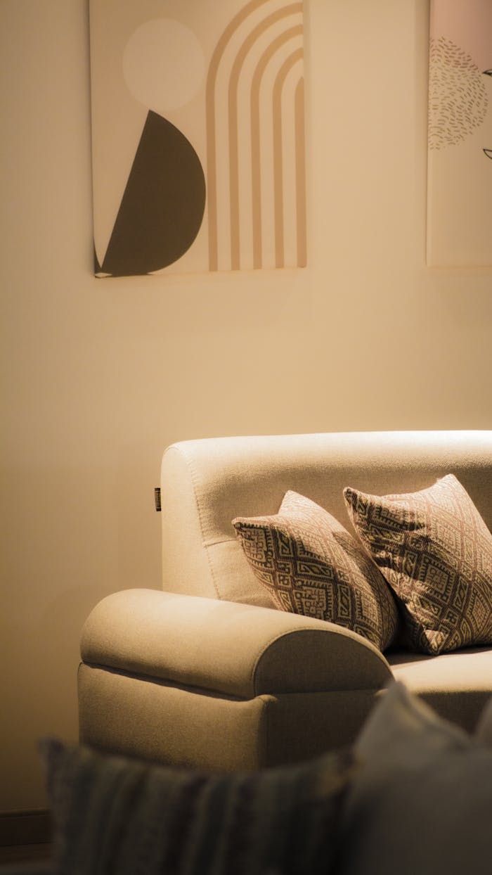 Stylishly decorated sofa with modern cushions and abstract wall art.